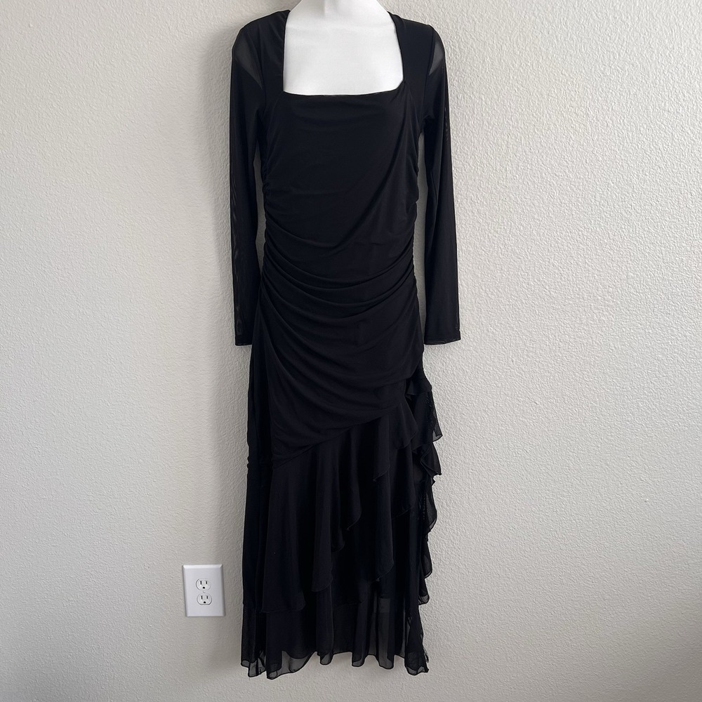 Large Black Ruched Asymetrical Hem Dress Sheer Lined Square Neck Whimsigoth Dark